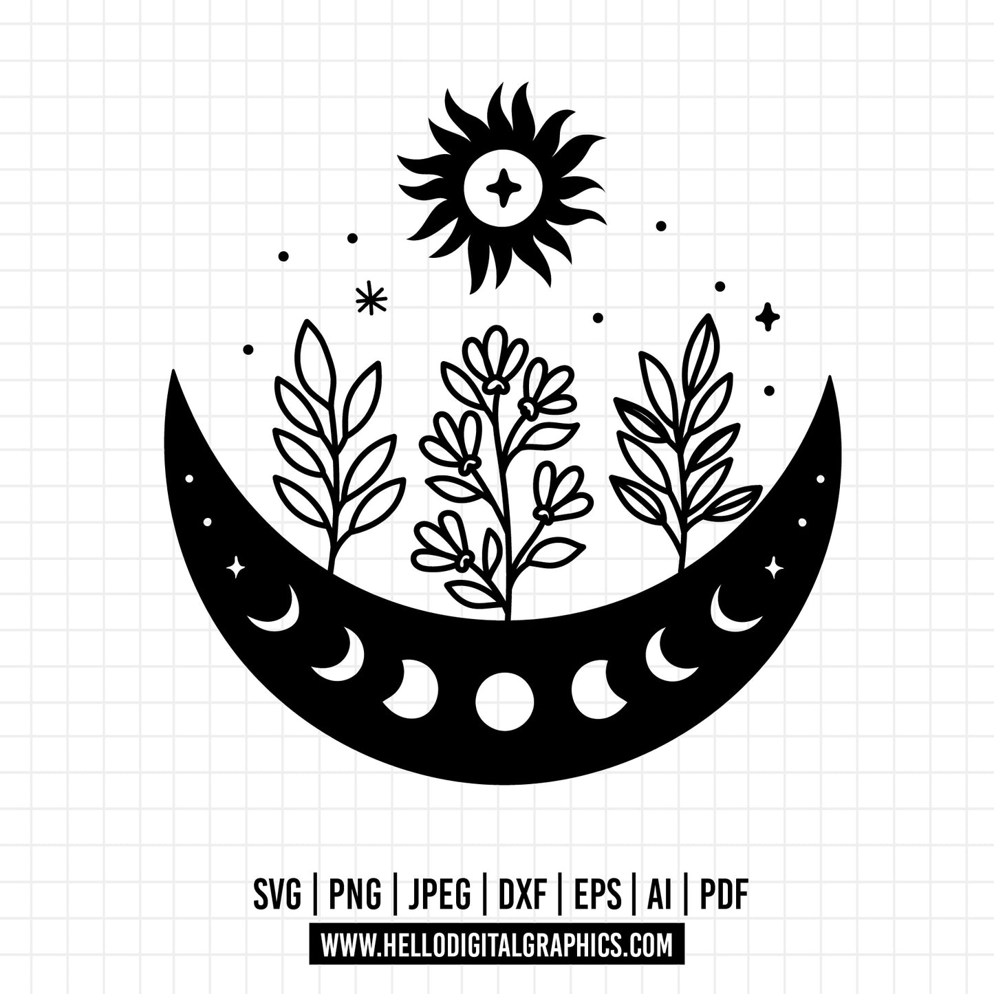 COD1185 Moon Child svg, Moon svg, Flowers svg, flowers moon svg, moon phases svg