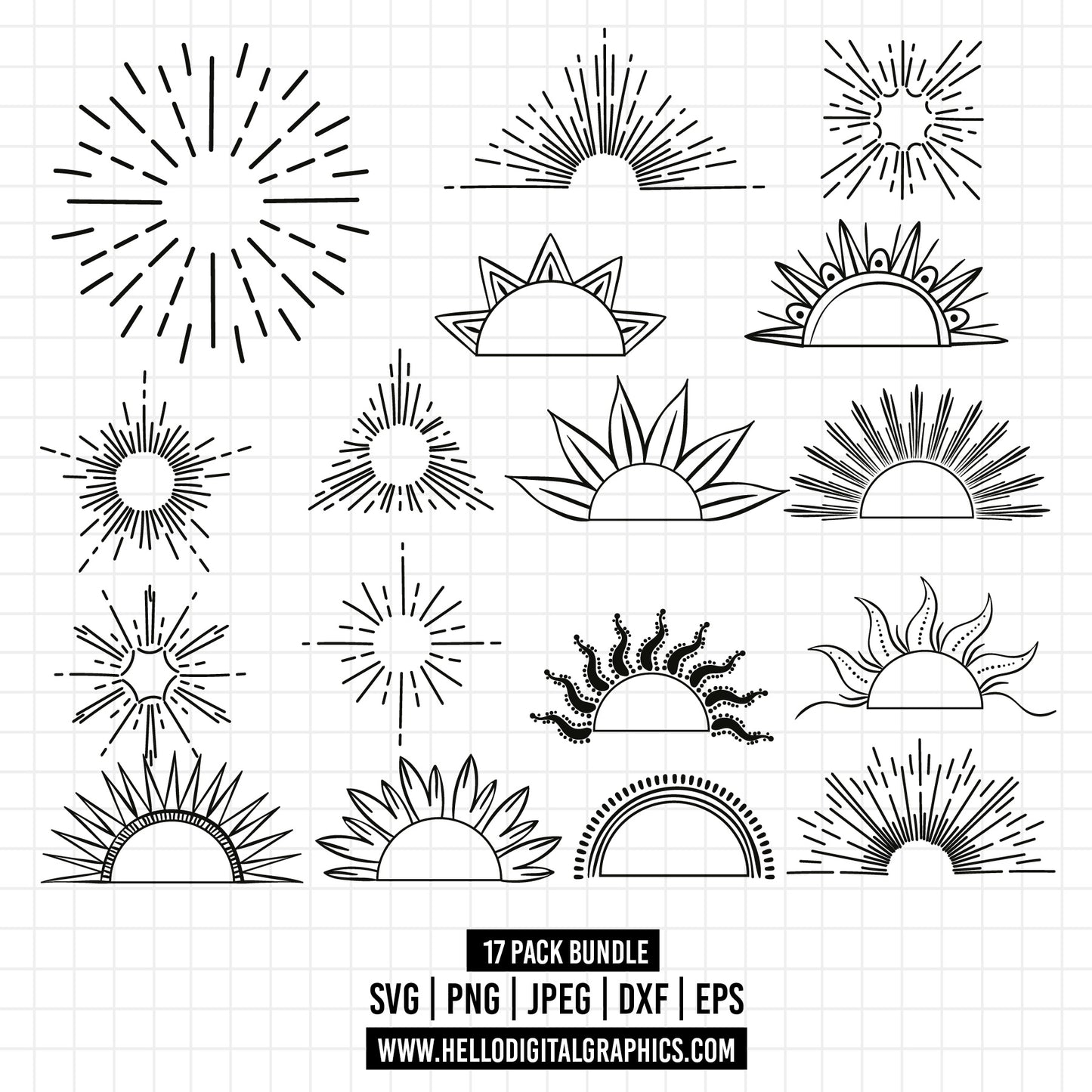 COD1327- Sunburst SVG Bundle/ Svg Bundle/Vintage Sunbursts Half/Sketch/Hand-drawn clipart /sunshine svg/Cut Files Cricut/Silhouette