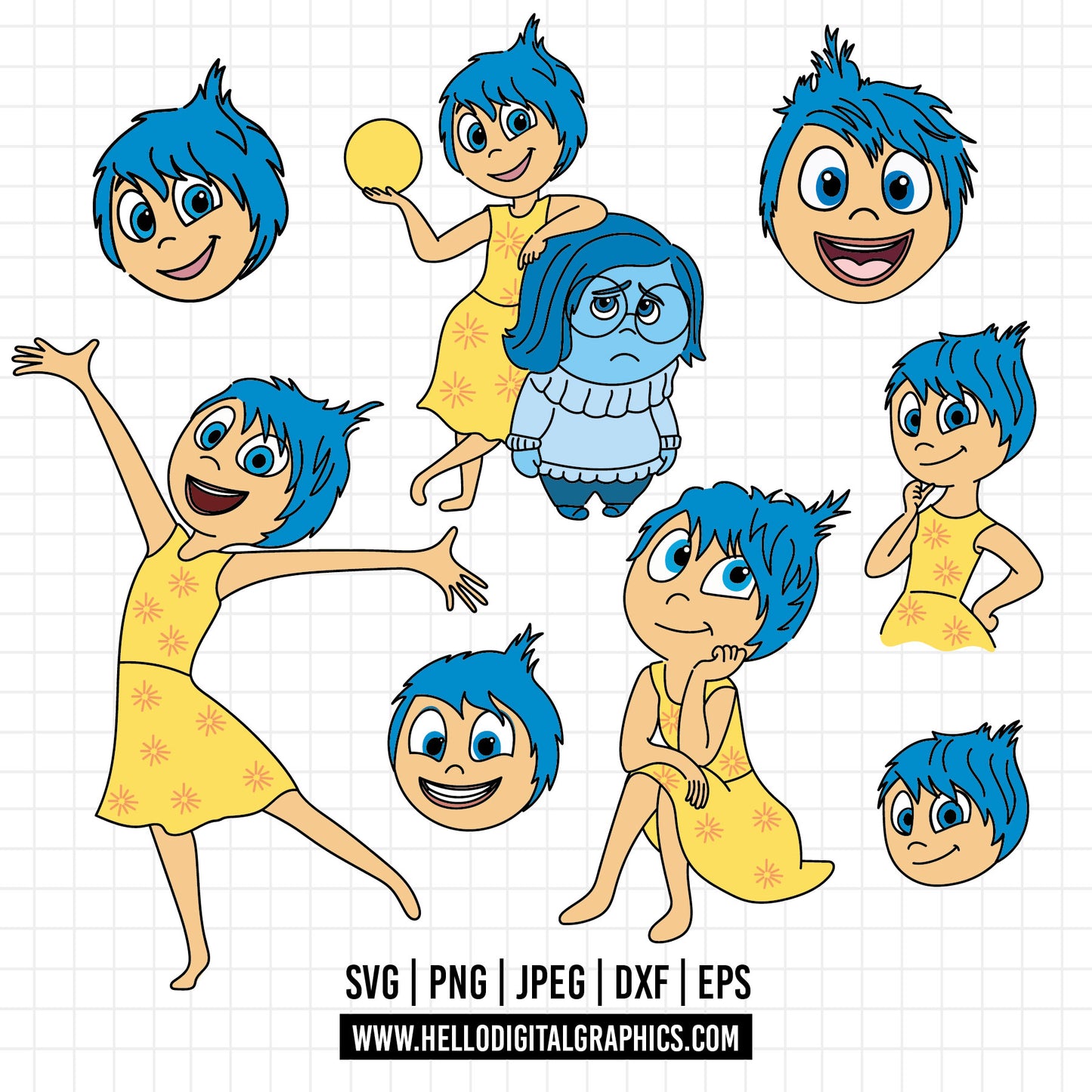 COD1484 - Joy SVG, EPS, PNG - Inside Out 2 new Characters Clipart Vector. Emotions Inside Out 2 Clipart Vector. Sadness & Joy svg