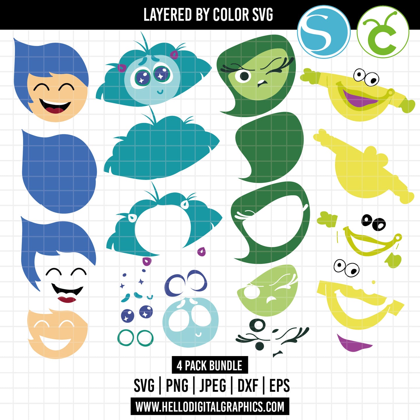 COD1645 - Layered SVG, Inside out 2 svg, inside out clipart, joy svg, disgust svg, envy svg, bloofy svg, layered by color, silhouette, cricut