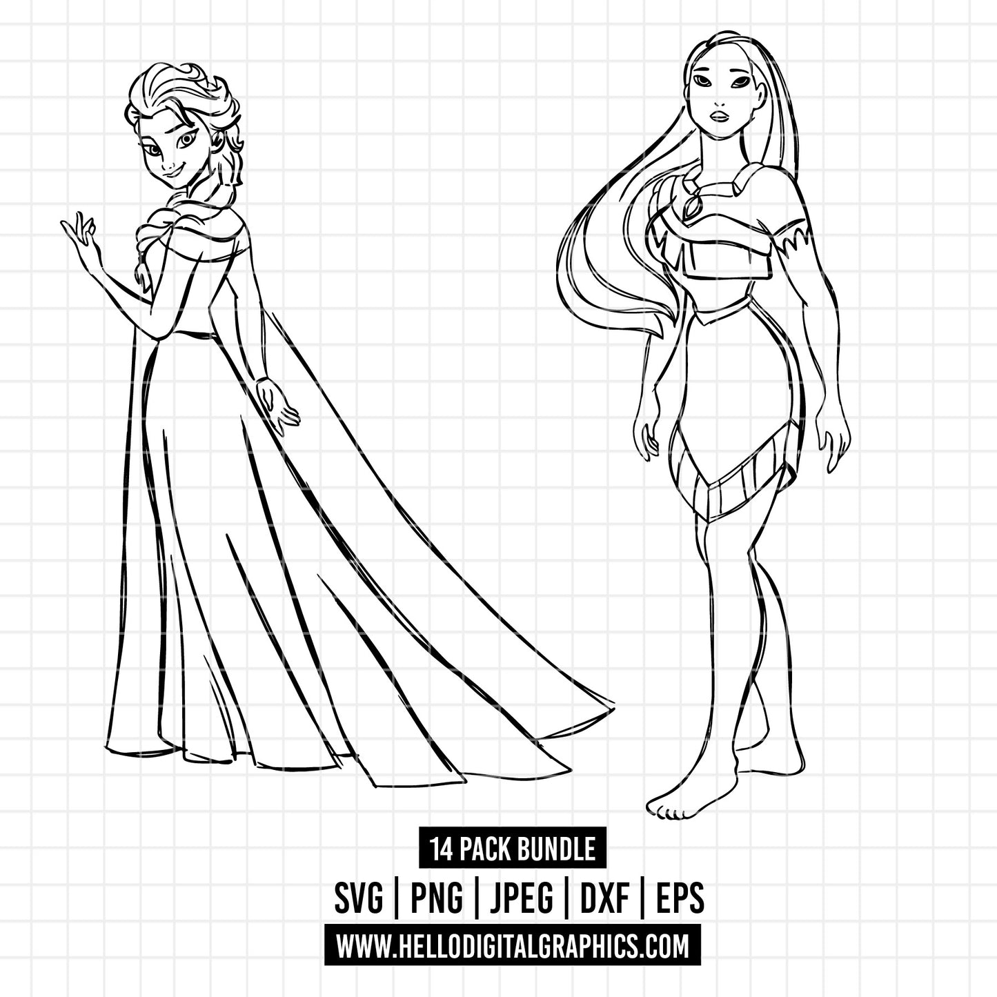 COD1673 Disney Princess outline svg bundle, 14 princess SVG, Princess SVG, princess svg Files for Cricut Silhouette