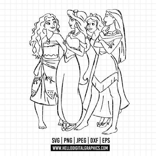 COD2238 -  Princess outline svg, Disneyy Princess sketch clipart vector, Jasmin svg, moana svg, Snow White svg, Pocahontas svg