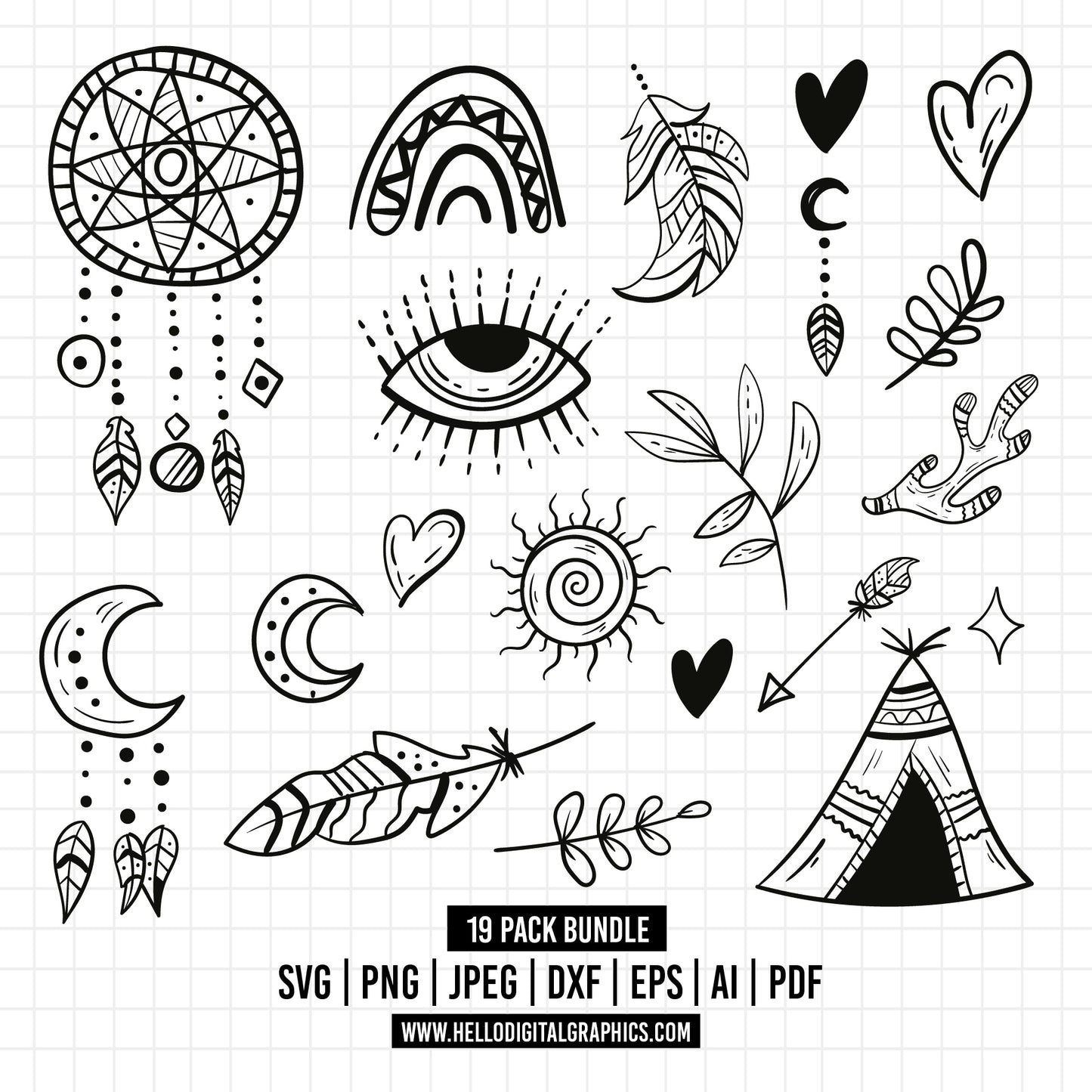 COD596- Boho SVG Bundle, Boho Clipart SVG Bundle, Modern Design SVG, Hand Drawn Designs, Nursery Decorations, Rainbow, Sun, Cut Files for Cricut