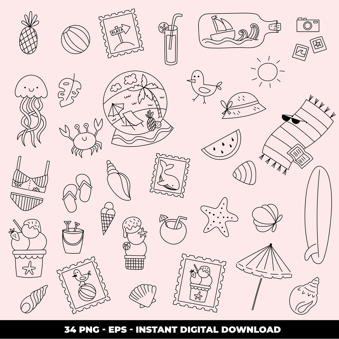 COD781 - Summer doodles bundle, sea clipart, beach png, Summer vibes clipart