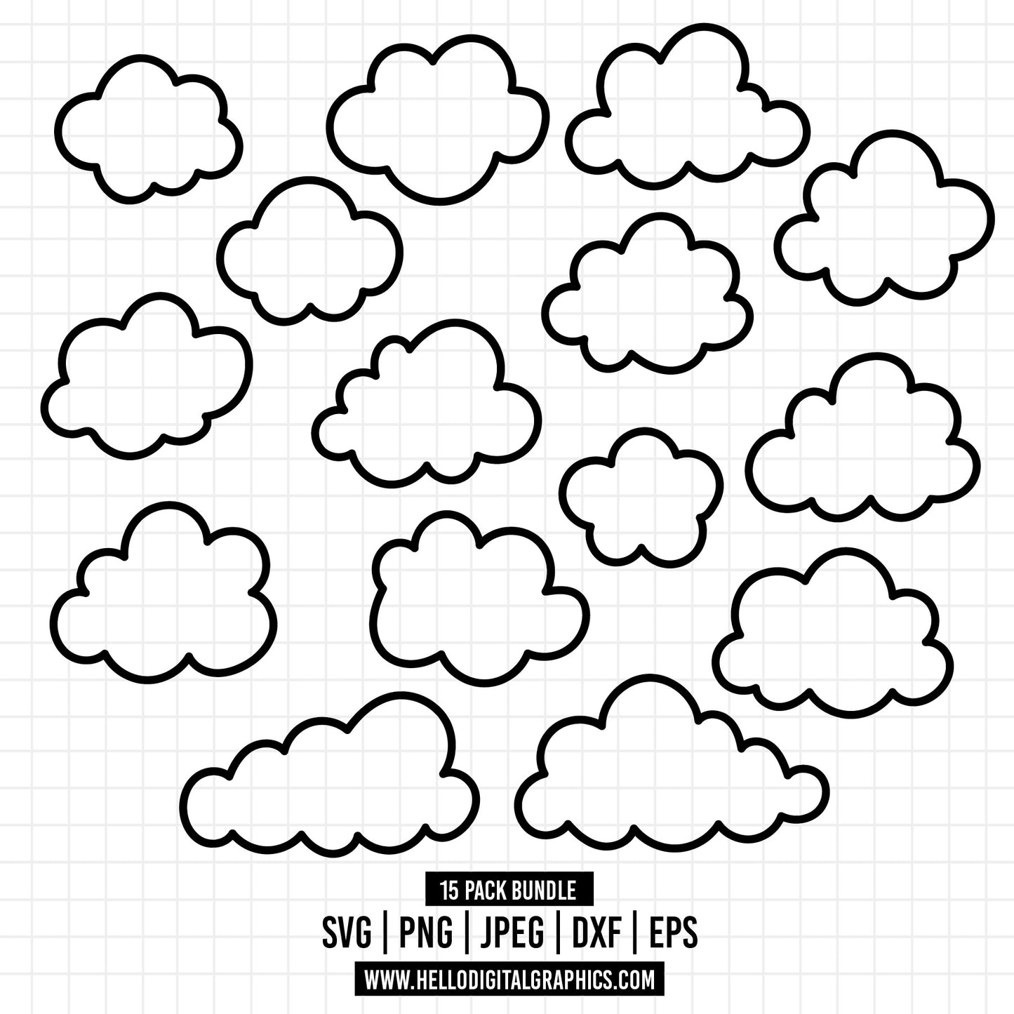 COD959 Cloud Outline SVG, Cloud Silhouette Cut Files, Clouds SVG Vector Files, Weather Vector