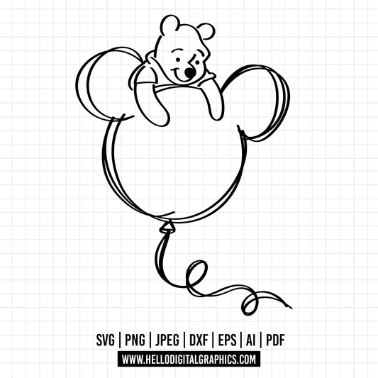 COD1075 Winnie the pooh svg, Winnie the Pooh Png, Disney svg, pooh birthday svg, Winnie The Pooh With Mouse Ears Balloon