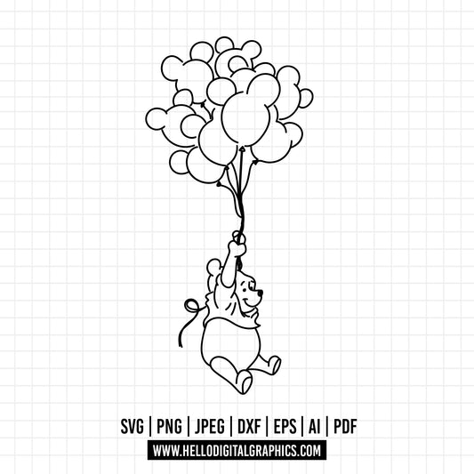 COD1081 Winnie the pooh svg, Winnie The Pooh With Mouse Ears Balloon, Pooh Party Supplies