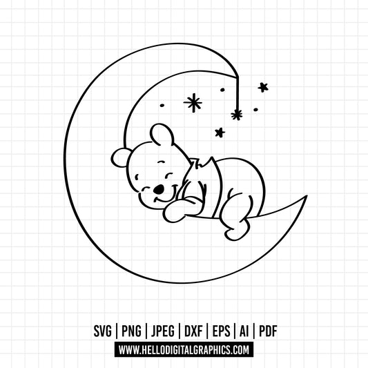 COD1109 Winnie the Pooh baby with moon svg, pooh png, baby shower svg, baby svg