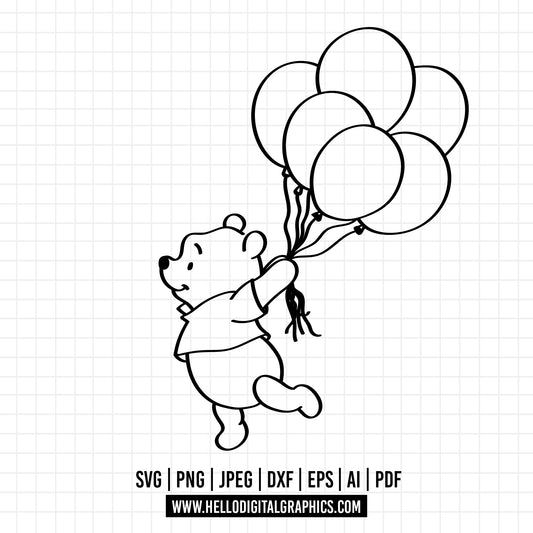 COD1110 Winnie the pooh svg, Winnie The Pooh With Balloon, Pooh Party Supplies