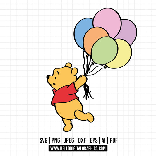 COD1119 Winnie the pooh svg, Winnie The Pooh With Balloon, Pooh Party Supplies