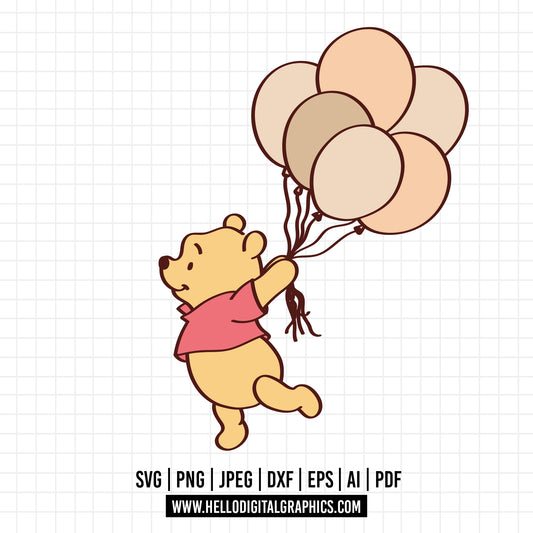COD1136 Winnie the pooh svg, Winnie The Pooh With Balloon, Pooh Party Supplies