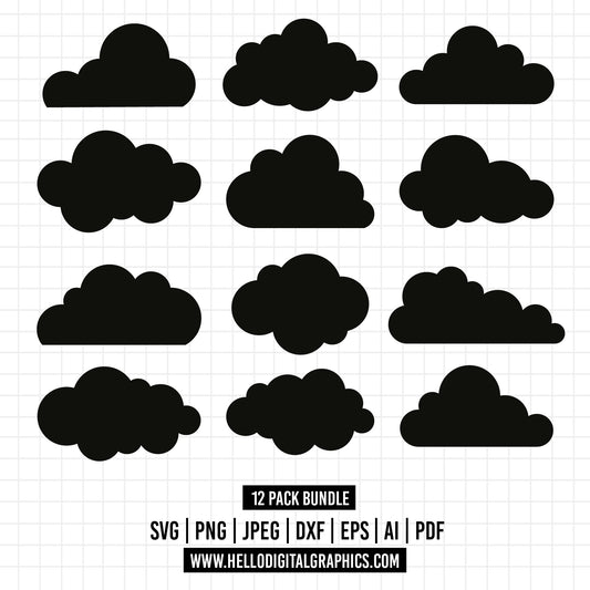 COD1207 Cloud Outline SVG, Cloud Silhouette Cut Files, Clouds SVG Vector Files, Weather Vector
