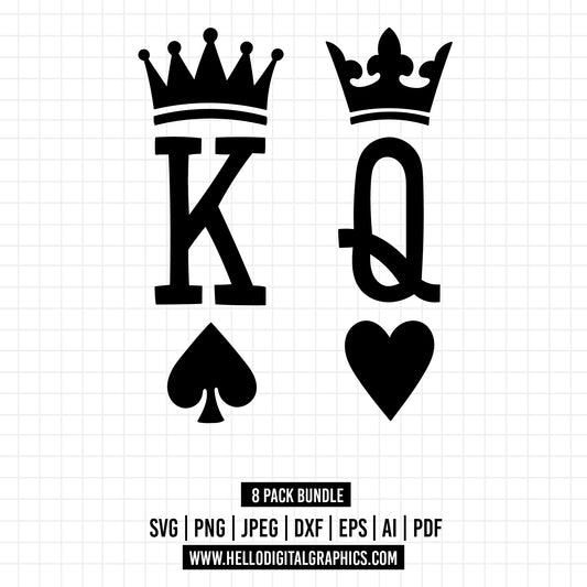 COD1246 - King and Queen SVG , EPS, PNG, Jpeg, Dxf, Playing Cards, King of Spades, Queen of Hearts, Cut files for Cricut, Instant Download