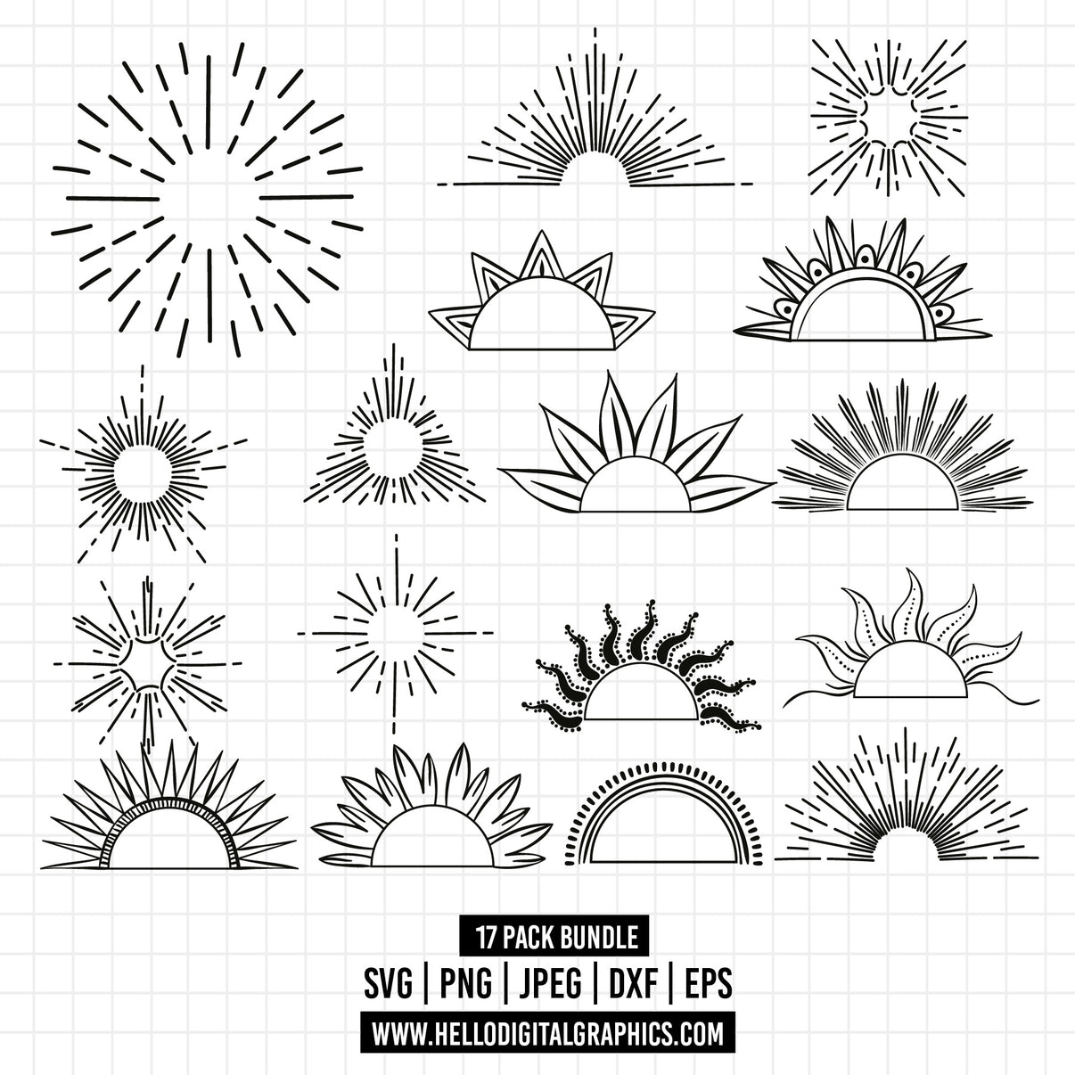 COD1327- Sunburst SVG Bundle/ Svg Bundle/Vintage Sunbursts Half/Sketch ...