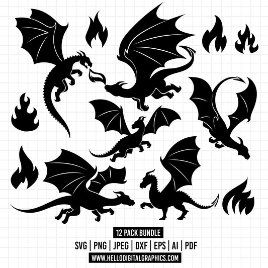 COD1336 - Dragon Svg Bundle, Dragon svg, Dragon Cut File, Dragons Head, Dragon Clipart, Animal Svg, Dragon Silhouette, Dragon tattoo svg