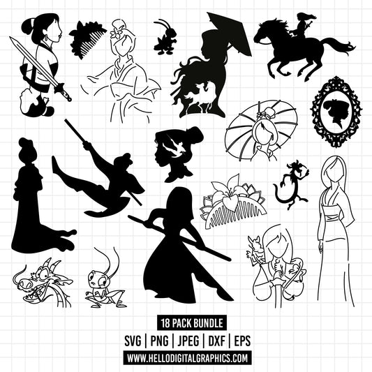 COD1371- Mulan svg, Disney svg, Disney princess svg, outline svg, cricut, silhouette, Princess svg