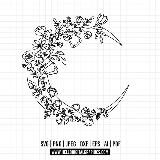 COD1372 - Moon Child svg, Moon svg, Flowers svg, flowers moon svg, moon phases svg
