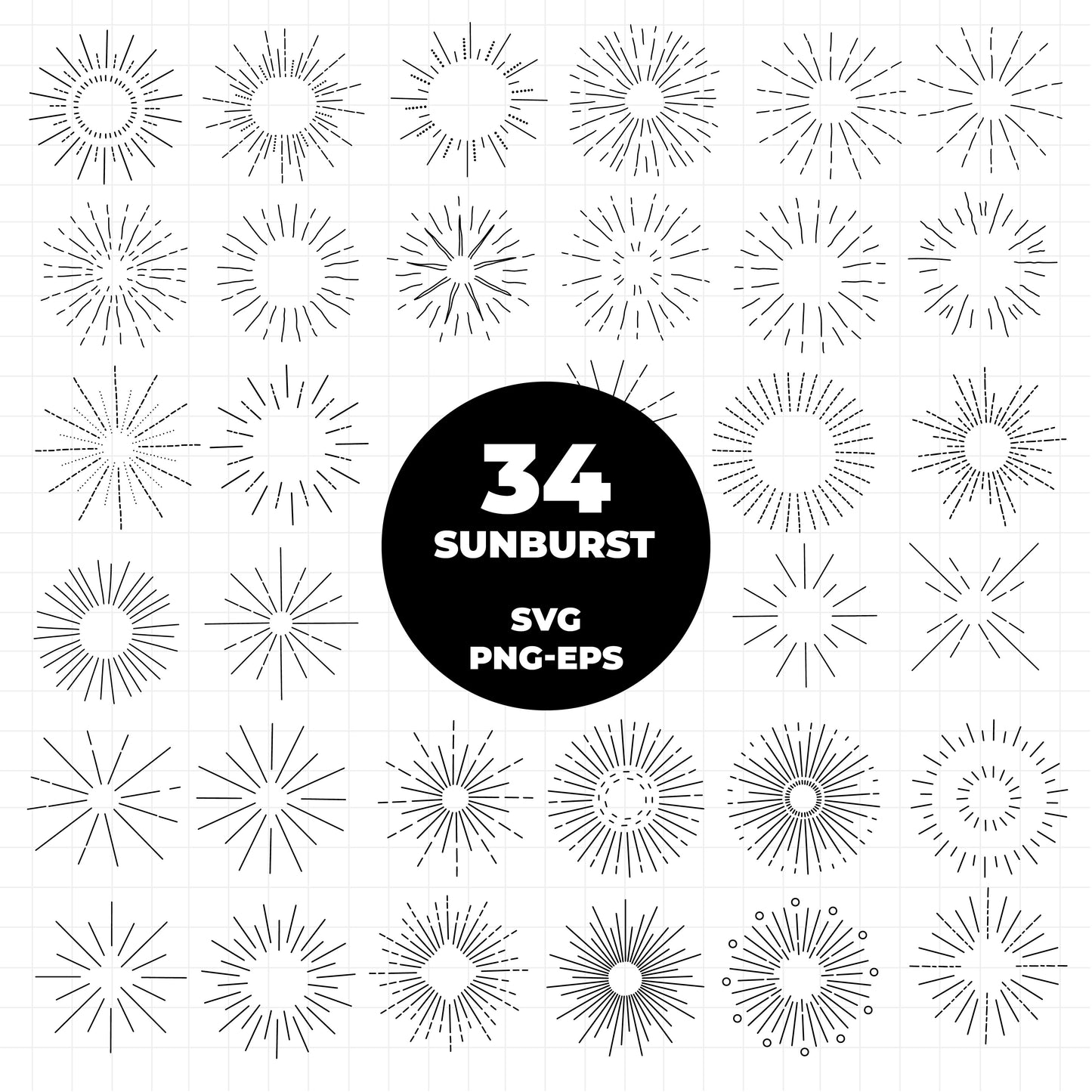 COD1375- Sunburst SVG Bundle/ Svg Bundle/Vintage Sunbursts Half/Sketch/Hand-drawn clipart /sunshine svg/Cut Files Cricut/Silhouette