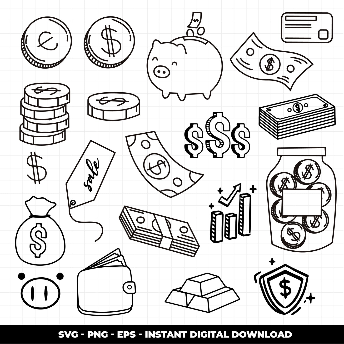 COD1474 - BUSINESS and FINANCES, SVG Doodle icon vectors. Idea Money Doodle Icons Clipart. Businessman Hand Drawn Line