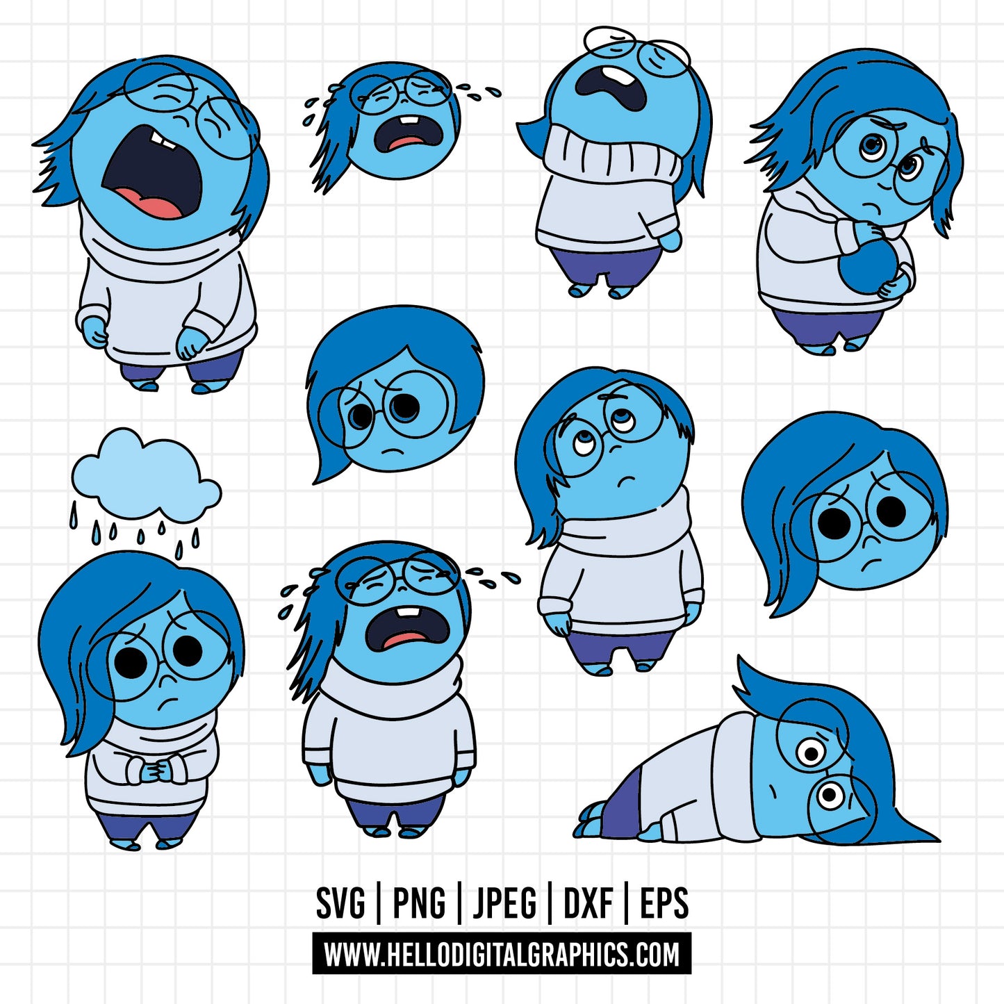 COD1487 - Sadness SVG, EPS, PNG - Inside Out 2 new Characters Clipart Vector. Emotions Inside Out 2 Clipart Vector. Sadness clipart