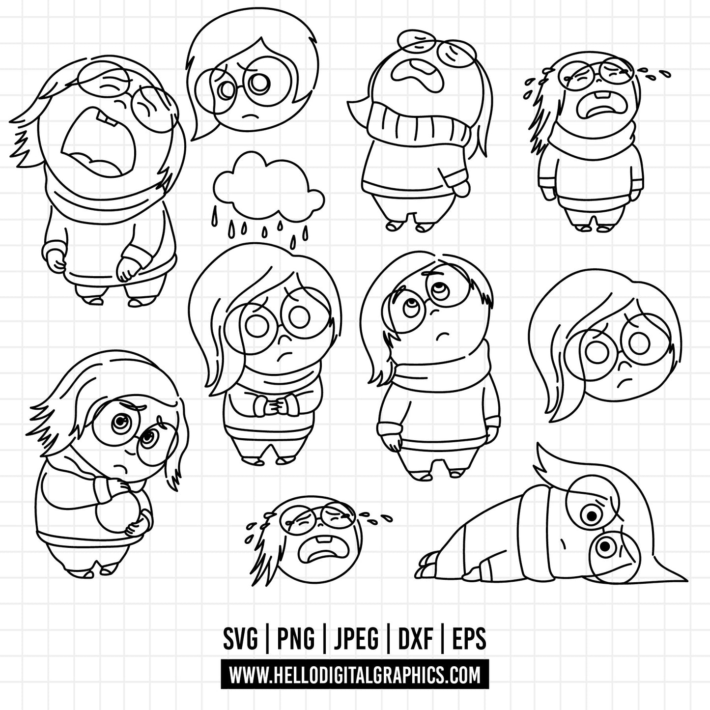 COD1488 - Sadness SVG, EPS, PNG - Inside Out 2 new Characters Clipart Vector. Emotions Inside Out 2 Clipart Vector. Sadness clipart