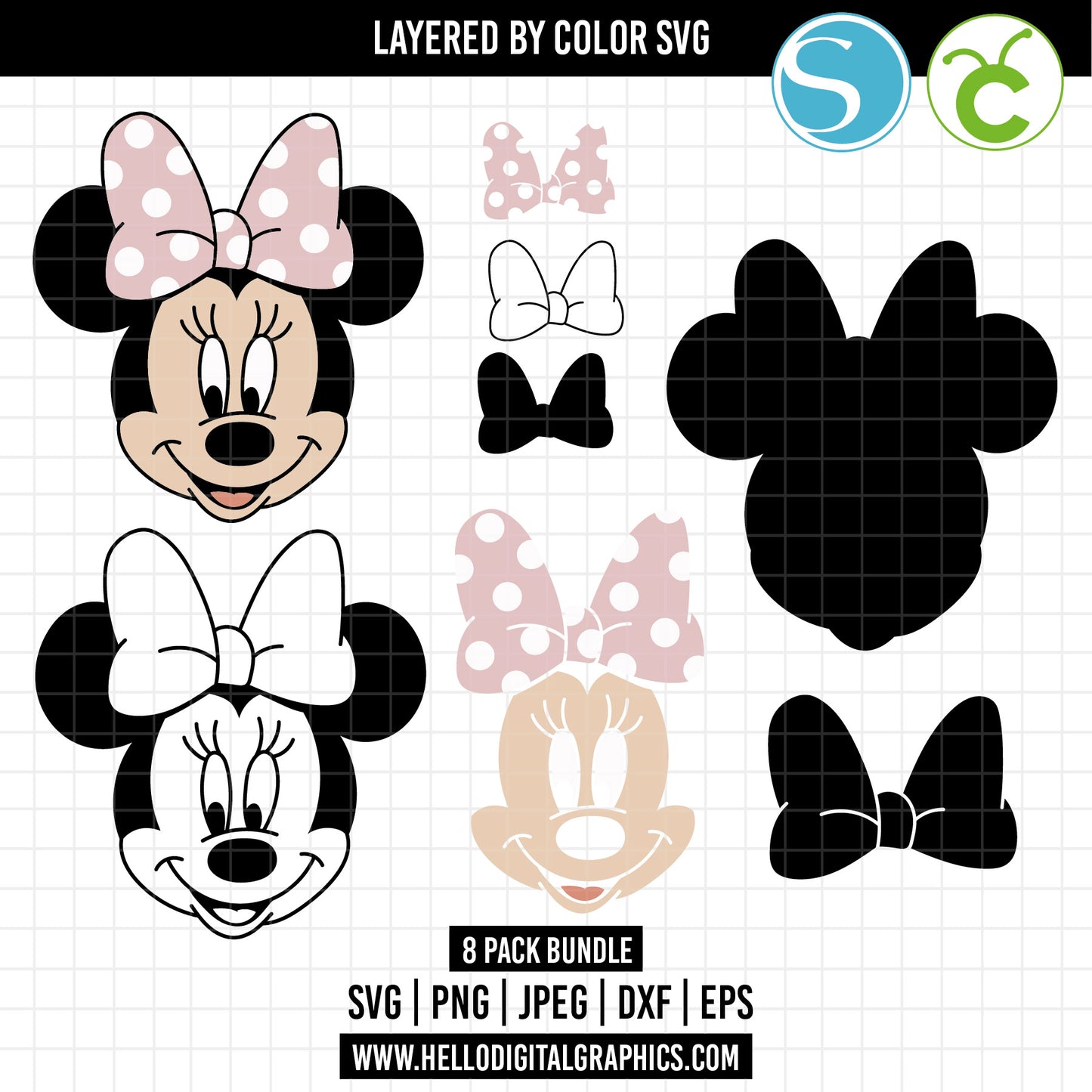 COD1642 - Layered SVG, Minnie Mouse svg, minnie mouse clipart, minnie mousee layered by color svg, sillhouette dxf, minnie mouse vector file