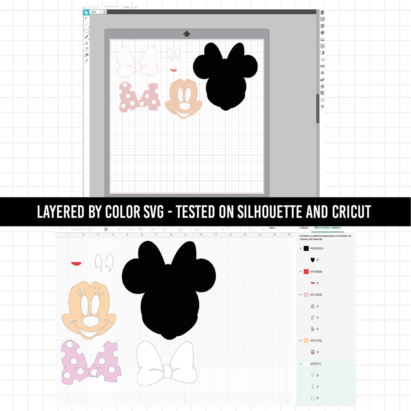 COD1642 - Layered SVG, Minnie Mouse svg, minnie mouse clipart, minnie mousee layered by color svg, sillhouette dxf, minnie mouse vector file