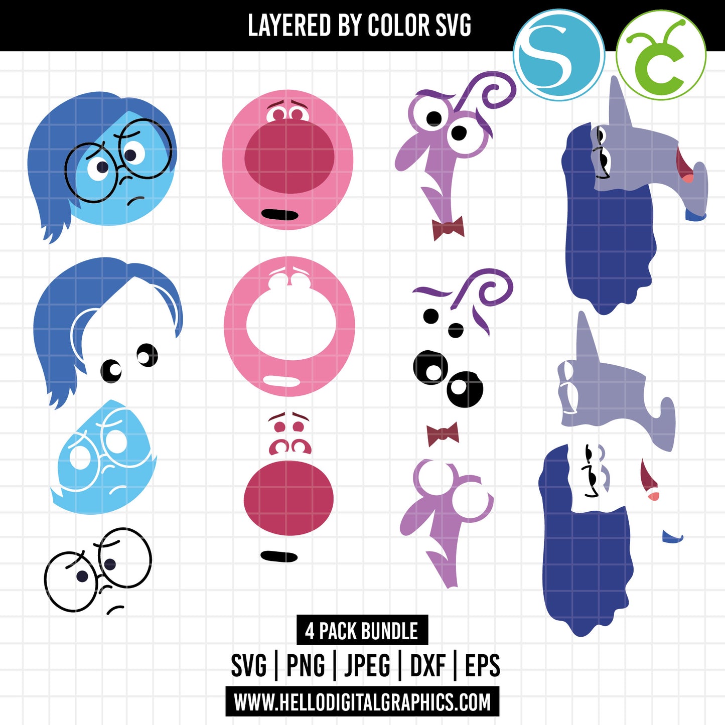 COD1644 - Layered SVG, Inside out 2 svg, inside out clipart, sadness svg, ennui svg, fear svg, embarrassment svg, layered by color, silhouette