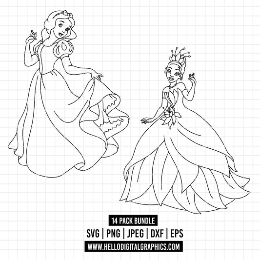 COD1655 Disney Princess outline svg bundle, 14 princess SVG, Princess SVG, princess svg Files for Cricut Silhouette