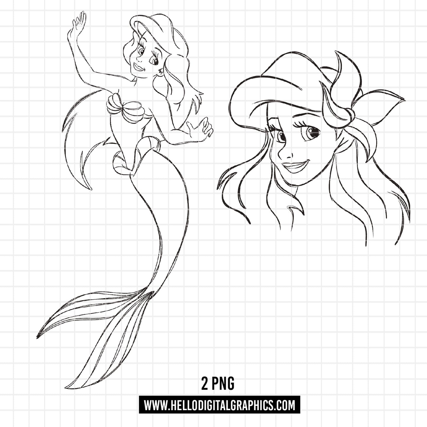 COD1684- Little Mermaid png, Ariel png, Outline png, Princess sketch png, disney png