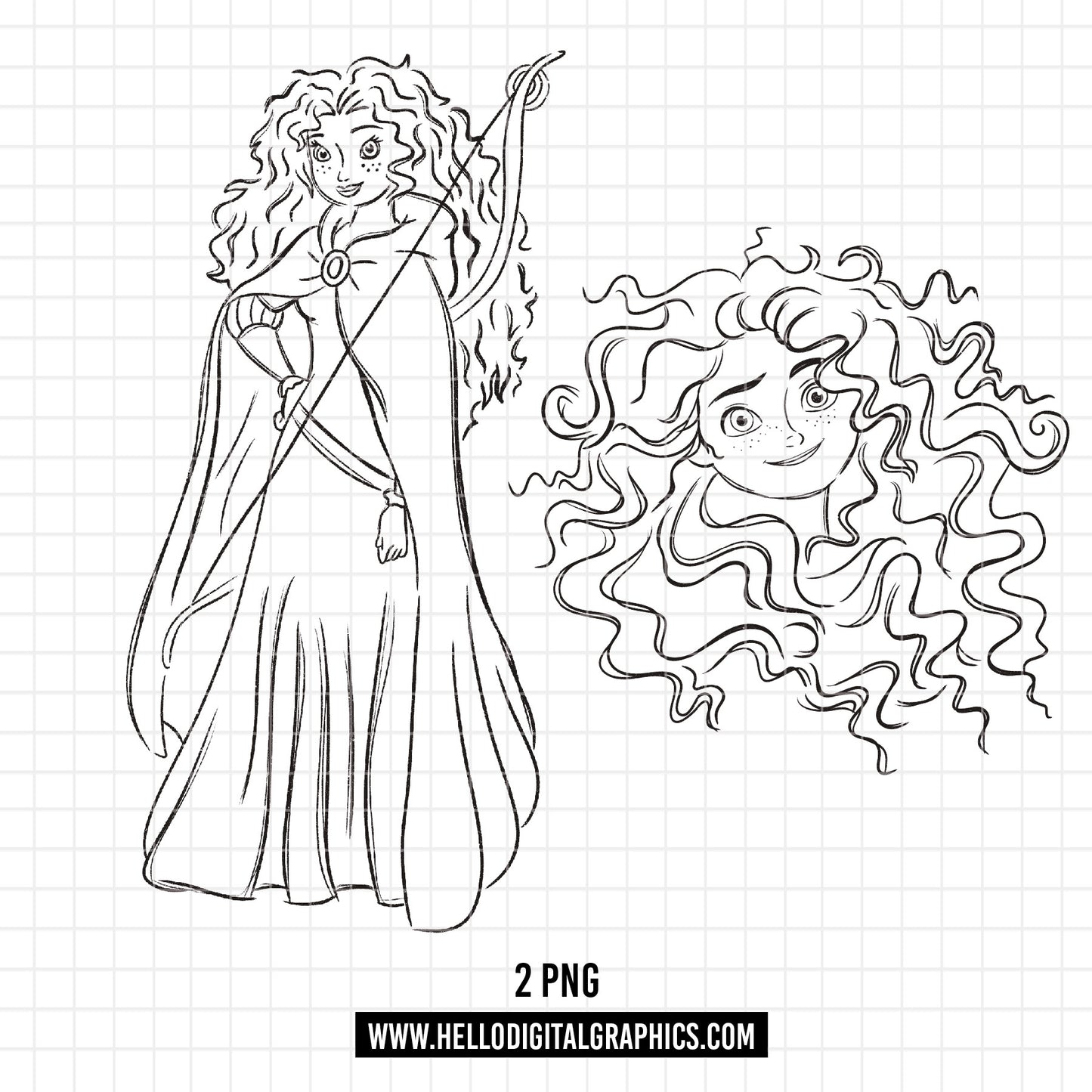 COD1692- Brave png, merida sketch png, princess merida png, princess png, disney png, outline png