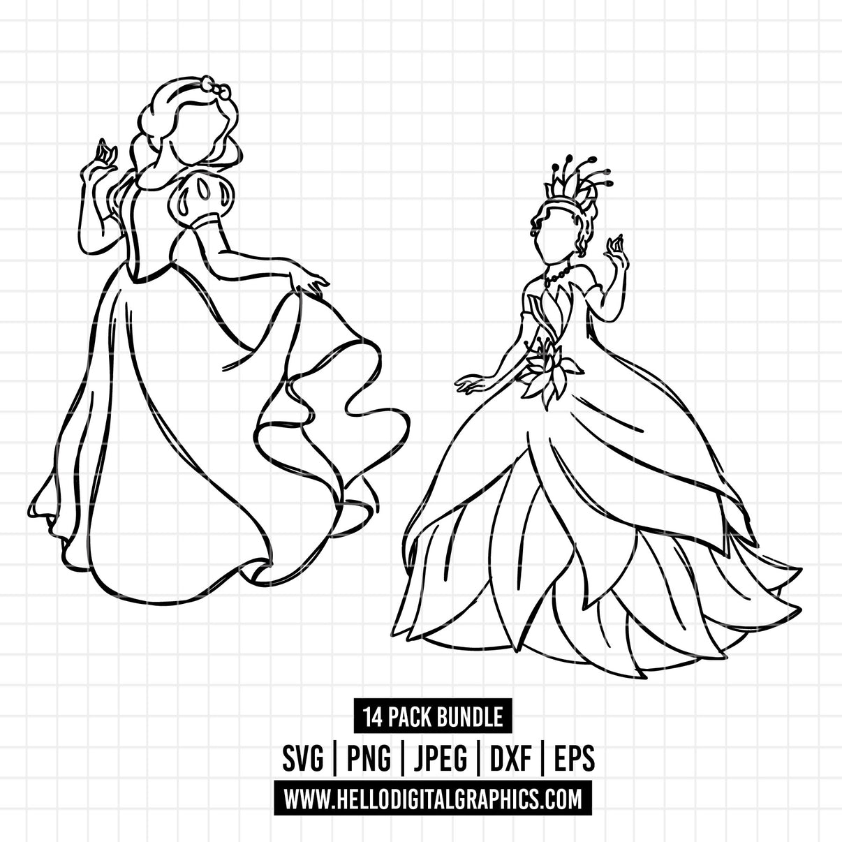 COD1702 Disney Princess outline svg bundle, 14 princess SVG, Princes