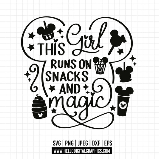 COD1746 This girl runs on snacks and magic svg, snackgoals svg, Snacks svg, Mickey Mouse Ears Head, Disney svg, mickey svg