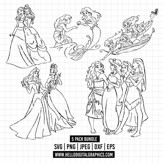 COD2126 -  Life is better with friends svg, Princess pack bundle svg, Disney Princess sketch vector, Jasmin svg, moana svg, Little mermaid  svg, belle svg
