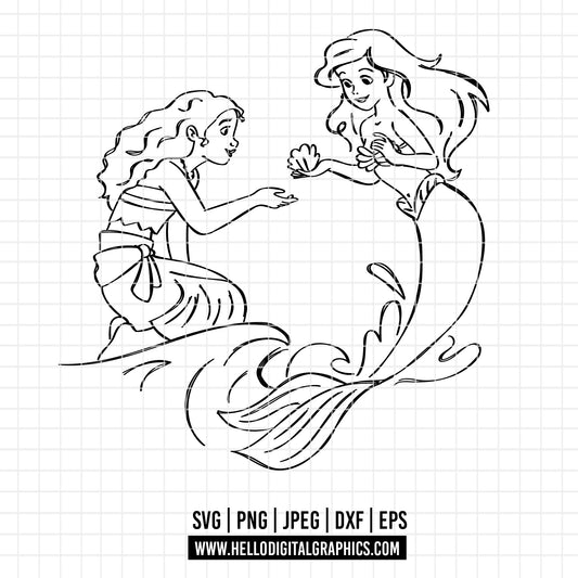COD2240 -  Princess outline svg, Disneyy Princess sketch clipart vector, moana svg, little mermaid svg