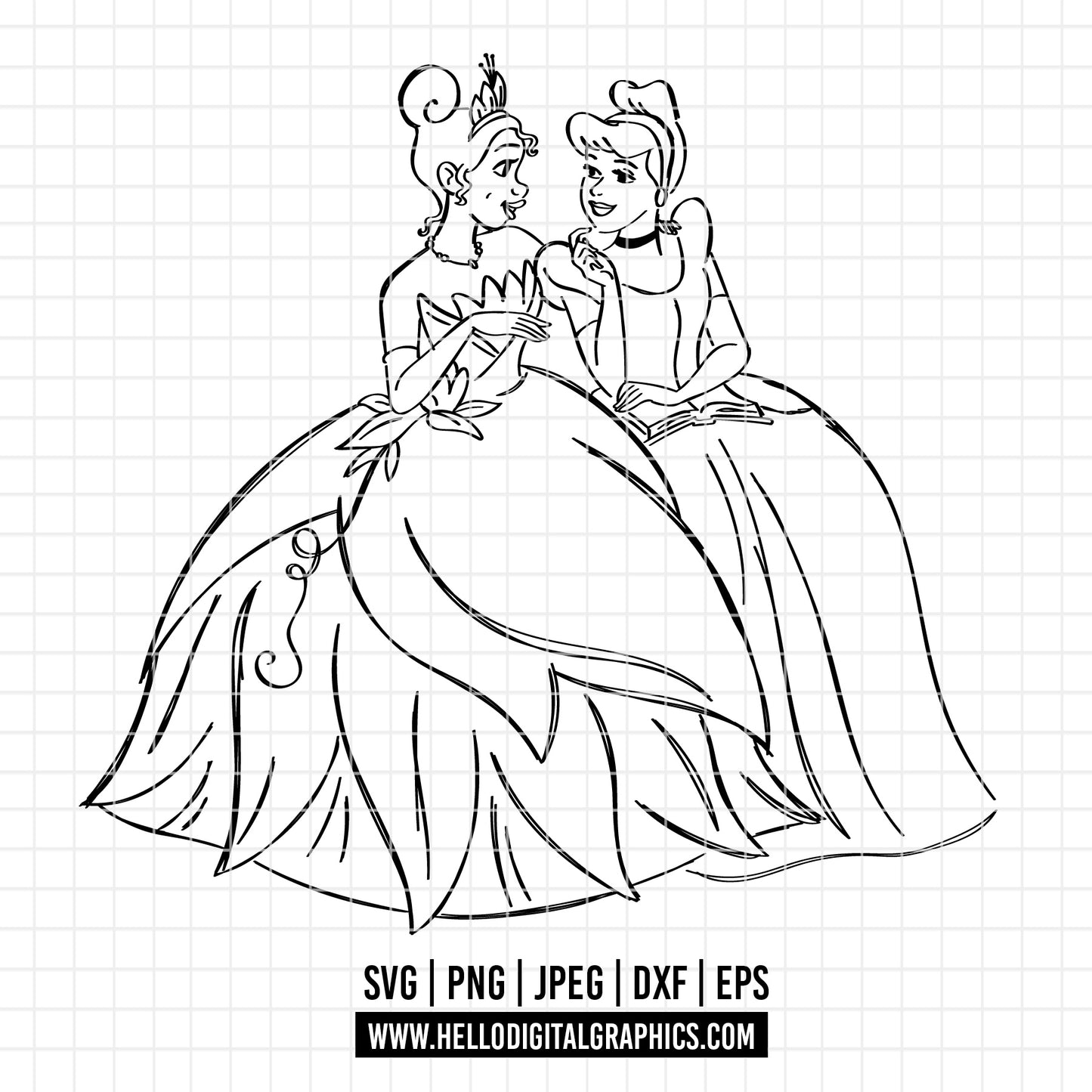 COD2249 -  Princess outline svg, Disneyy Princess sketch clipart vector, Tiana svg, Cinderella svg