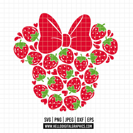COD2350 - Minnie strawberry svg,  Disney Cherry Pink PNG, bow, Minnie Mouse, Mickey Mouse, cherries, girly, summer strawberry svg, valentines day