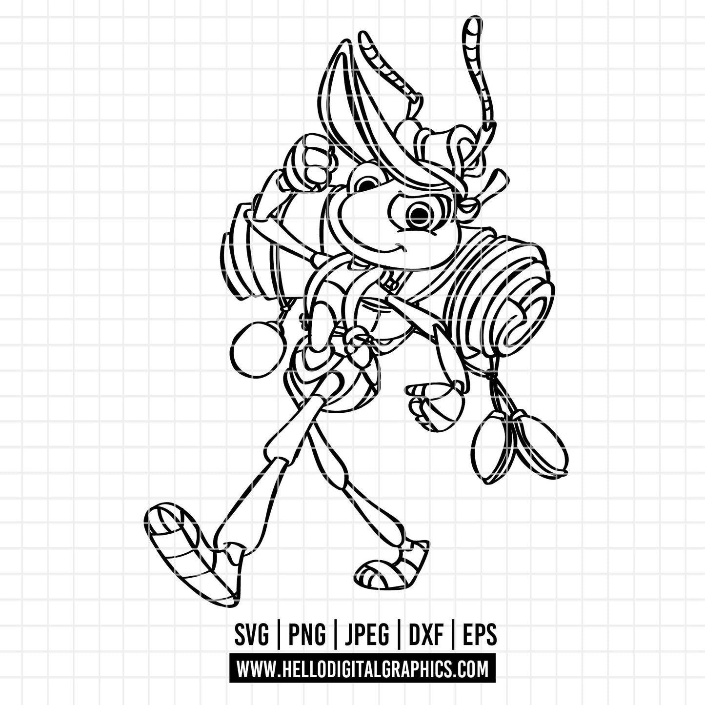 COD3458 - Flik, a bug life line art SVG, PNG, DTF - Disneey a bug life clipart vector. Disneey icons. Flik dtf clipart. Abugs life outline