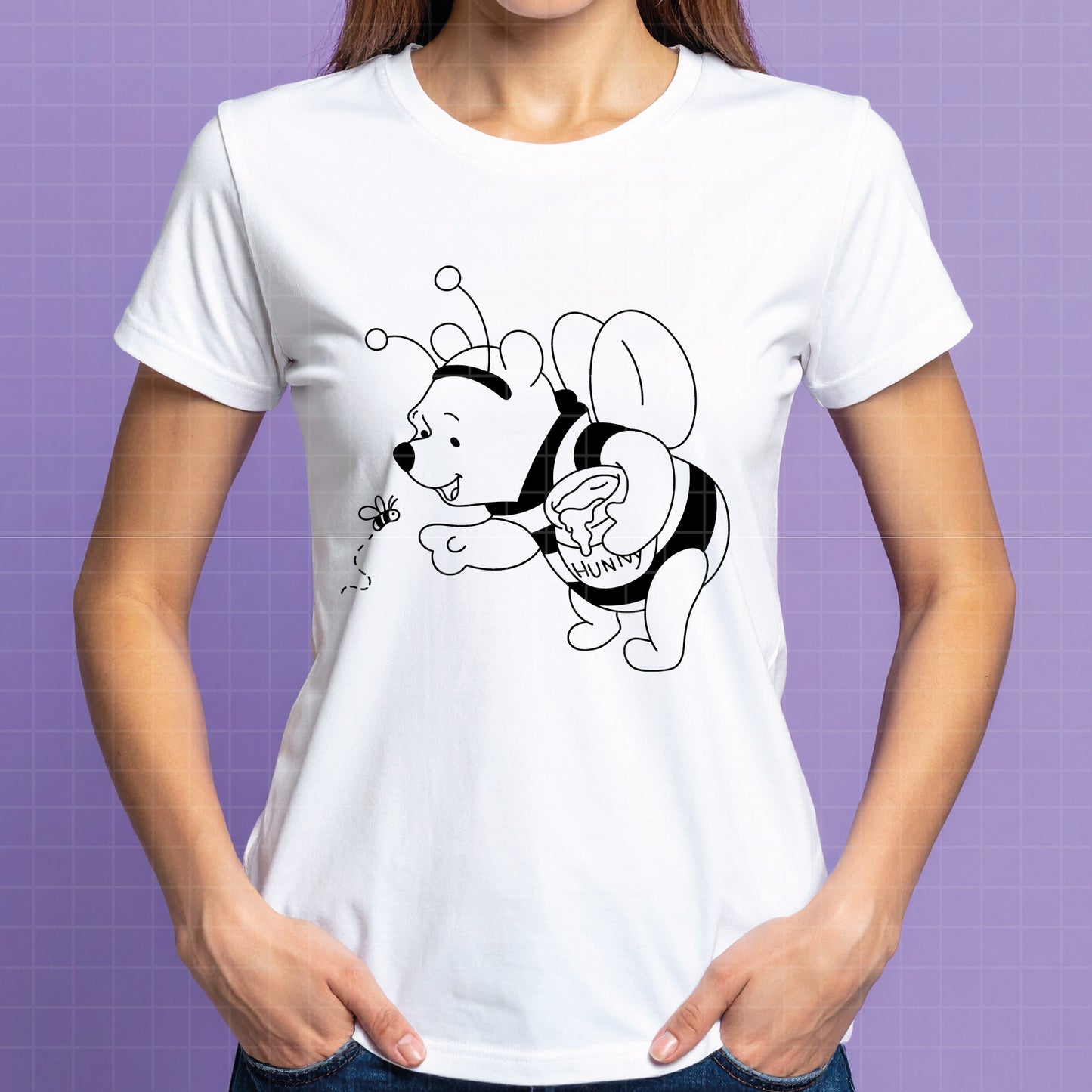COD4665 - Winnie the Pooh in Bee Mode dtf color pack bundle Svg, Eps, Png, Dxf, Jpeg (mouth full - honey - smiling - flying -with a little bee)
