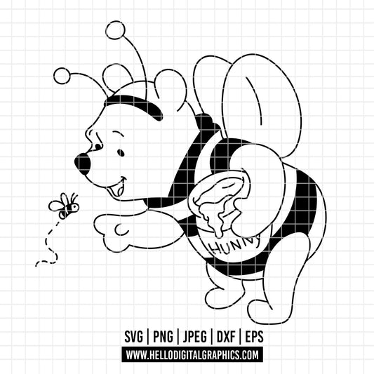 COD4665 - Winnie the Pooh in Bee Mode dtf color pack bundle Svg, Eps, Png, Dxf, Jpeg (mouth full - honey - smiling - flying -with a little bee)