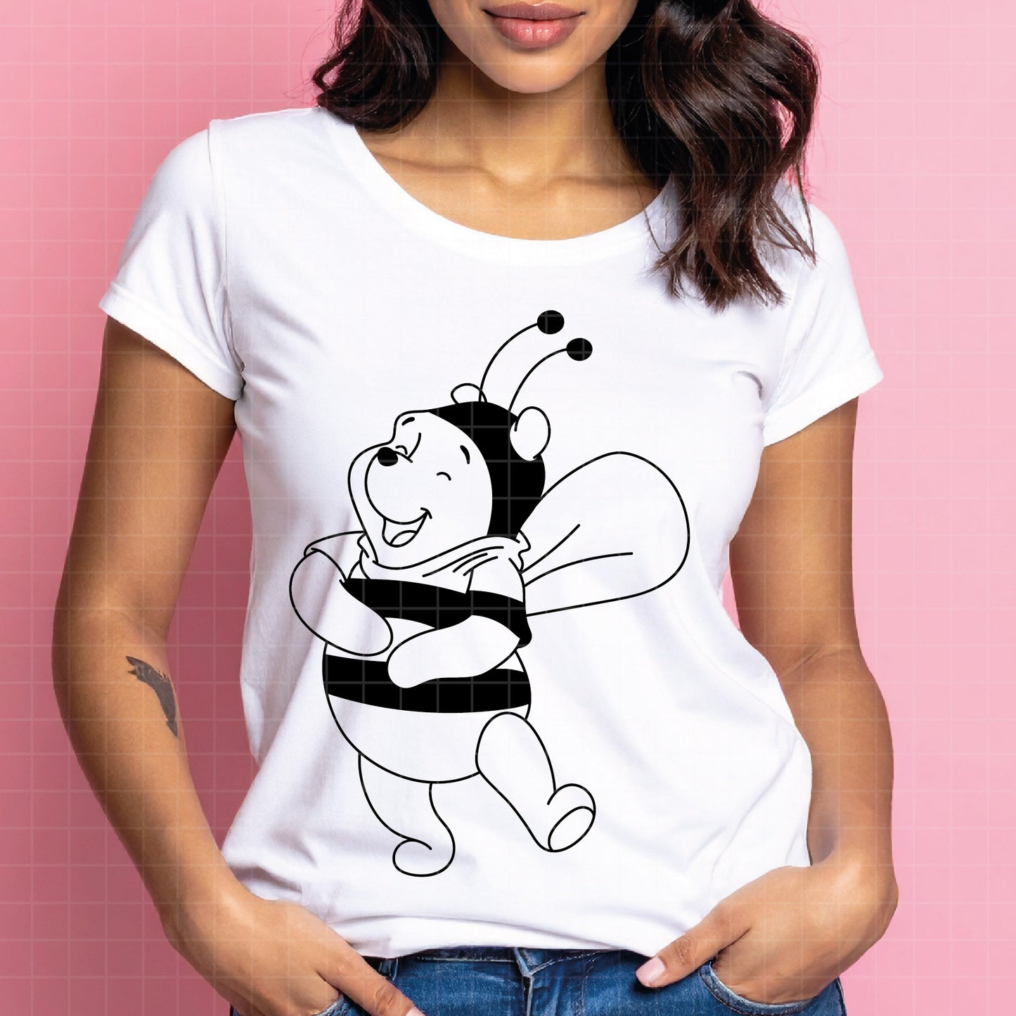 COD4666 - Winnie the Pooh in Bee Mode dtf color pack bundle Svg, Eps, Png, Dxf, Jpeg (mouth full - honey - smiling - flying -with a little bee)