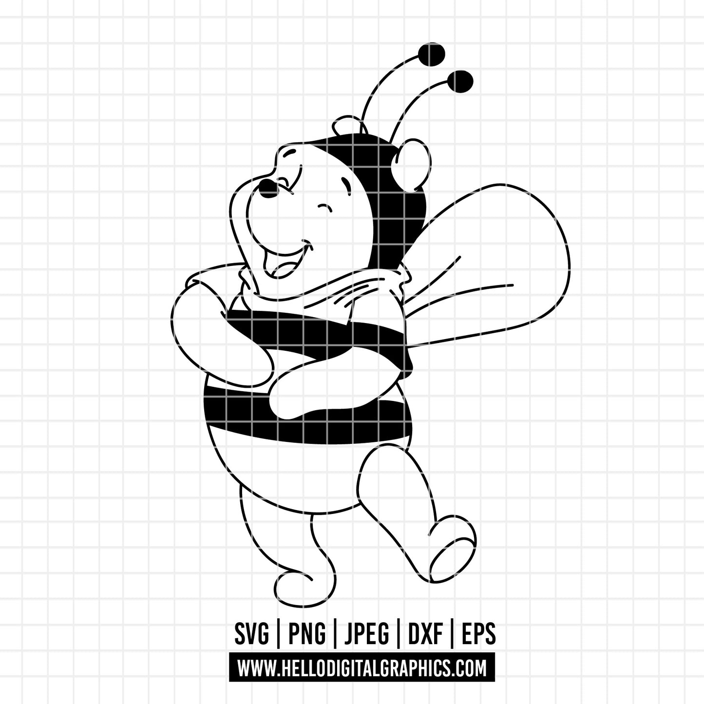 COD4666 - Winnie the Pooh in Bee Mode dtf color pack bundle Svg, Eps, Png, Dxf, Jpeg (mouth full - honey - smiling - flying -with a little bee)