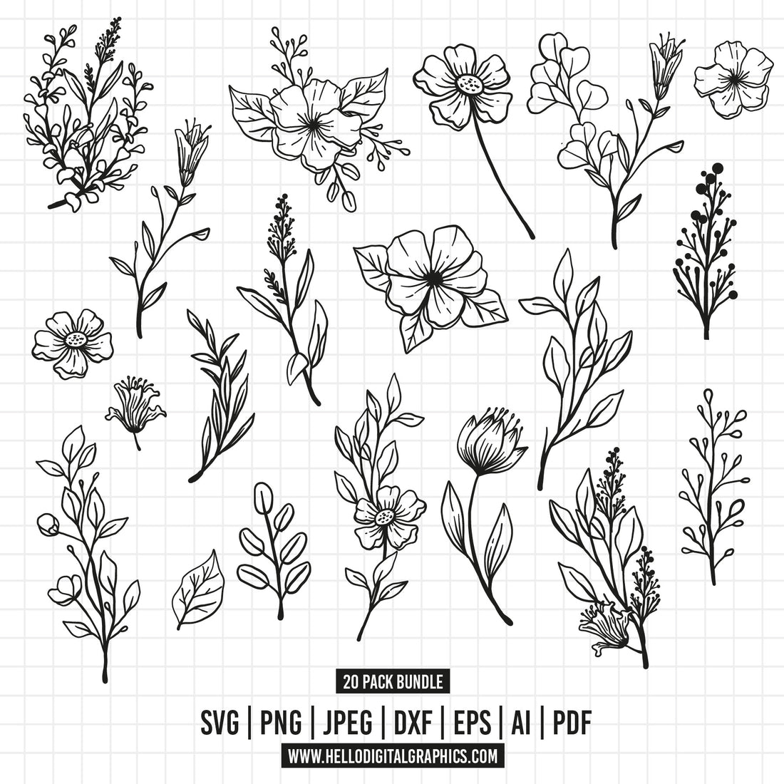 Cod681- Flowers Lineart Svg, Flower Bouquets Svg, Line Art Svg Minimal 