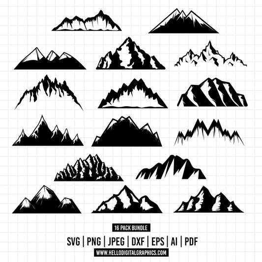 COD686- Mountains SVG bundle, Wide Variety of Natural Landscape Silhouettes, Mountain Range Clip Art, Commercial Use, Travel svg, Instant download