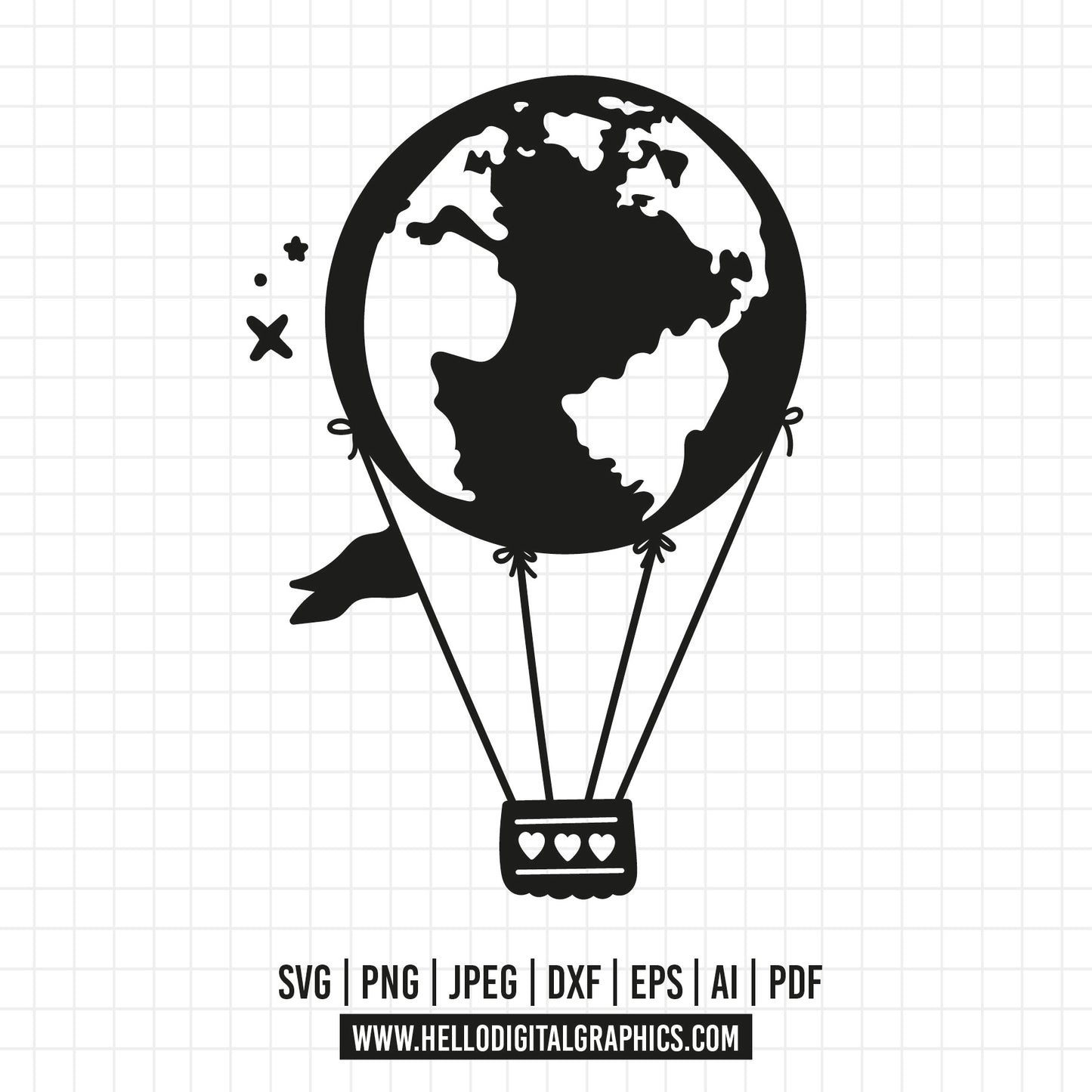 COD701- Hot Air Balloon SVG, World Map svg, World Map Silhouette Svg, Map Svg, travel svg, world svg