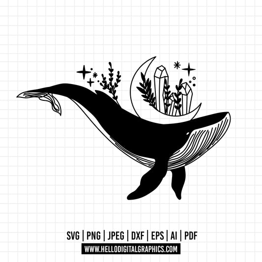 COD736- Celestial Whale Svg, Magic whale svg, Mystical Humpback whale svg, Boho whale svg, Floral whale svg, Boho svg, Boho illustration svg