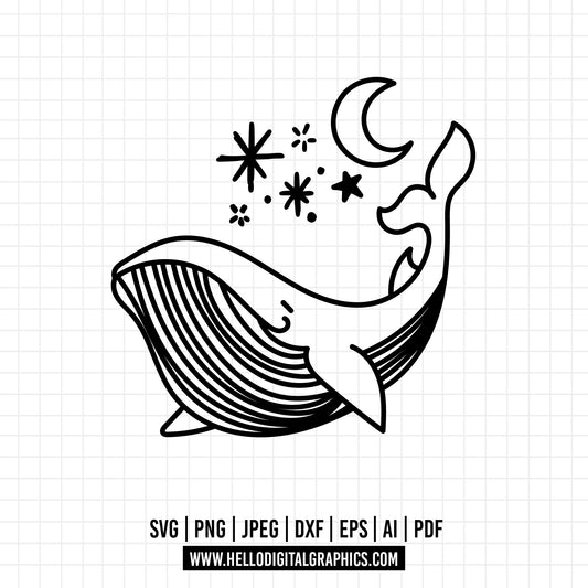 COD737- Celestial Whale Svg, Magic whale svg, Mystical Humpback whale svg, Boho whale svg, Floral whale svg, Boho svg, Boho illustration svg
