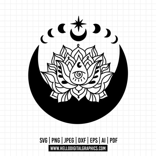 COD744- Lotus Flower SVG, Lotus SVG, Moon svg, Moon Phase SVG Files