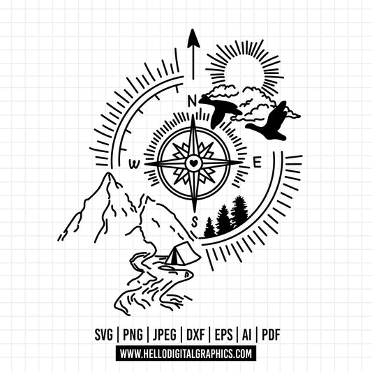 COD750- Camping svg, Compass SVG, Explore more svg, Mountains svg, Natural Silhouettes, travel svg