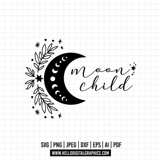 COD771- Moon Child svg, Moon svg, Flowers svg, flowers moon svg, moon phases svg